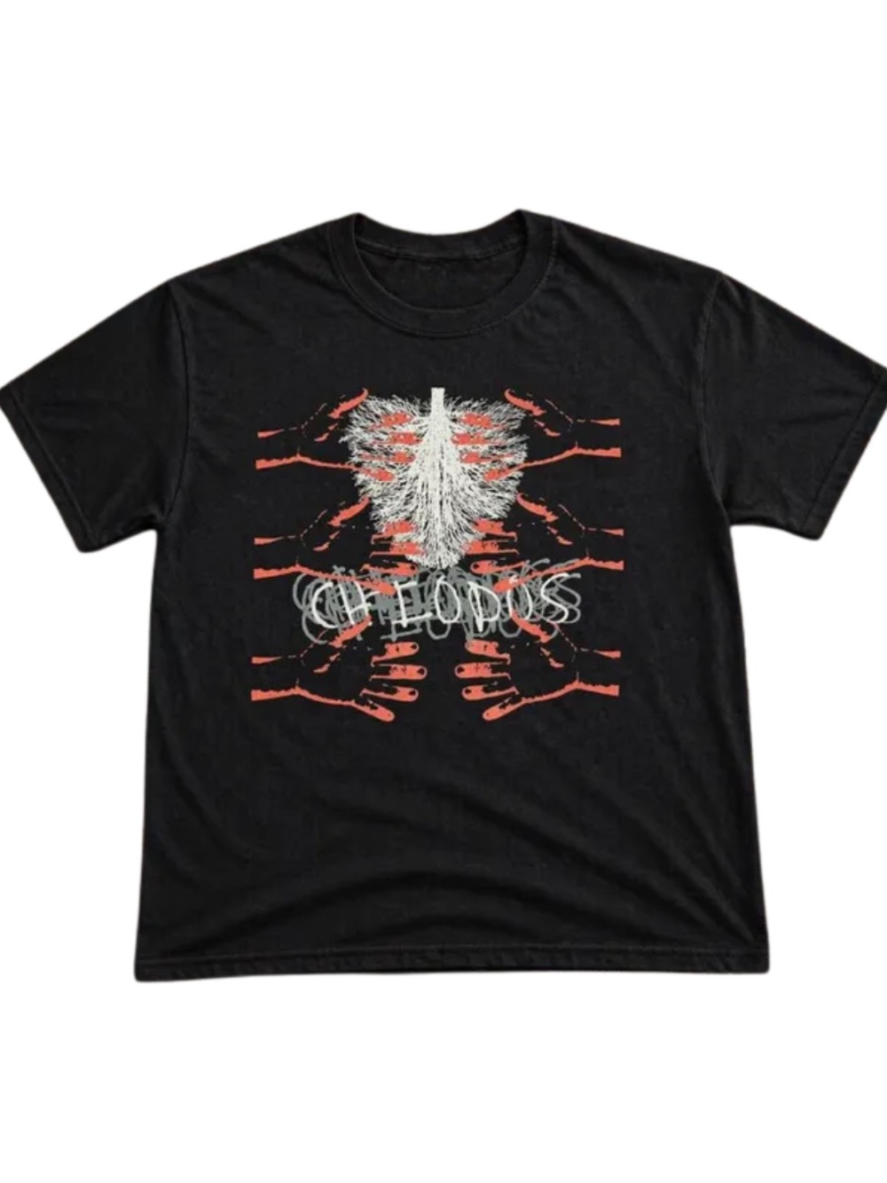 Black Short-Sleeve Tee with White Tree and Red Hand Graphic